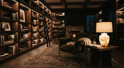 A warm living room staged with linen, brass, and ceramic.
